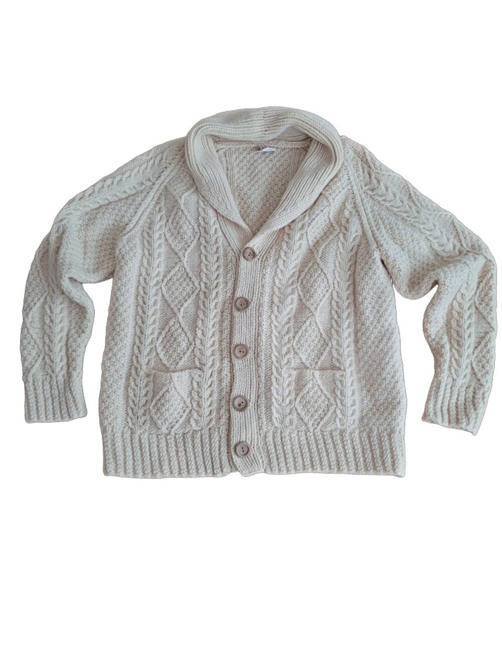 Vintage 90s Kilkeel Handmade Knitting Men's Cream Heavy Wool Collar Cardigan